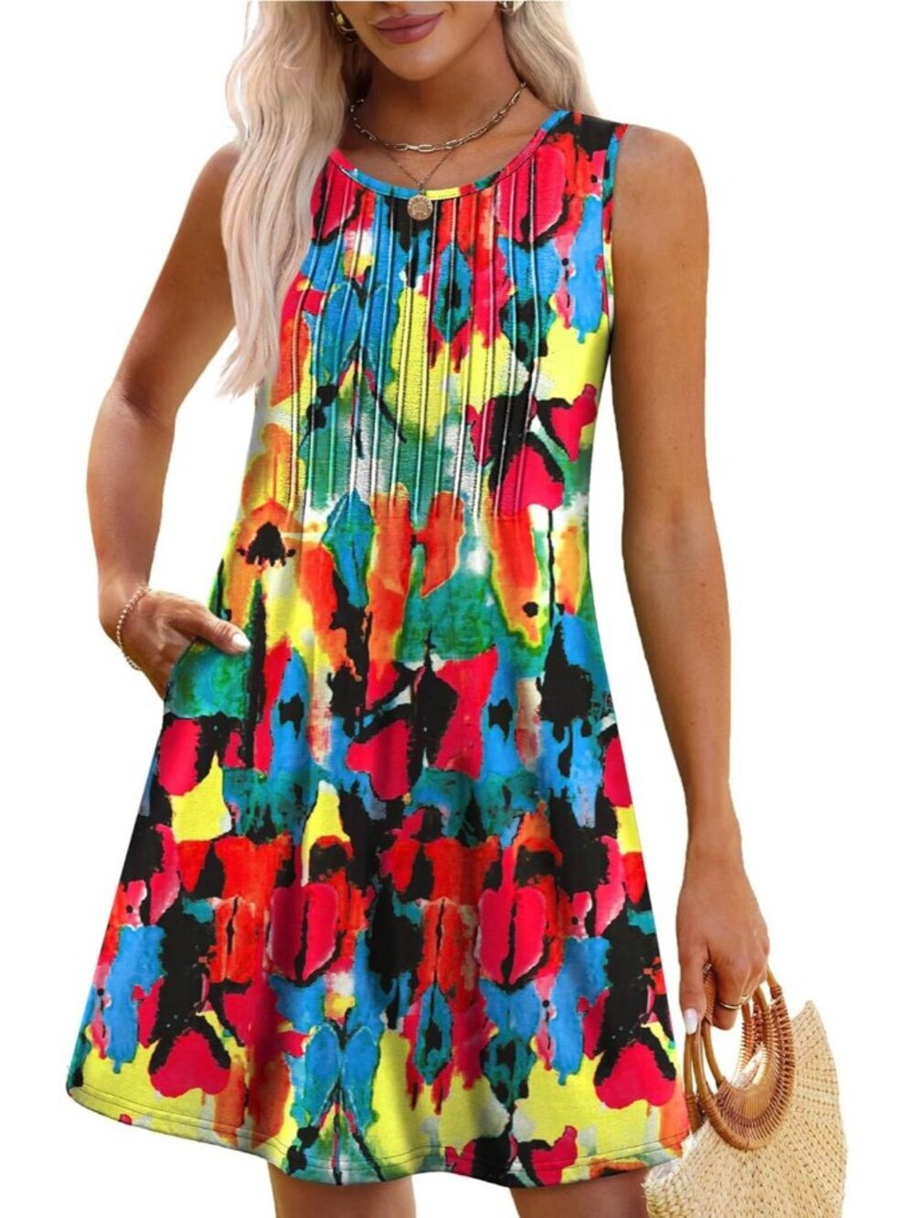 Women's Floral Red Beach Vacation Casual Crew Neck Sleeveless Sun Mini Dress - Picture 2 of 5